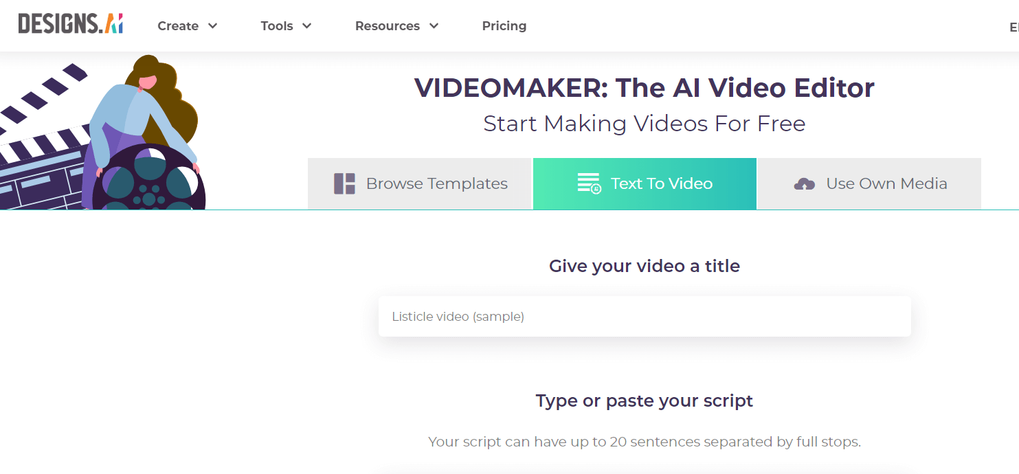 عمل فيديوهات بالذكاء الاصطناعي - Designs.ai Video Maker